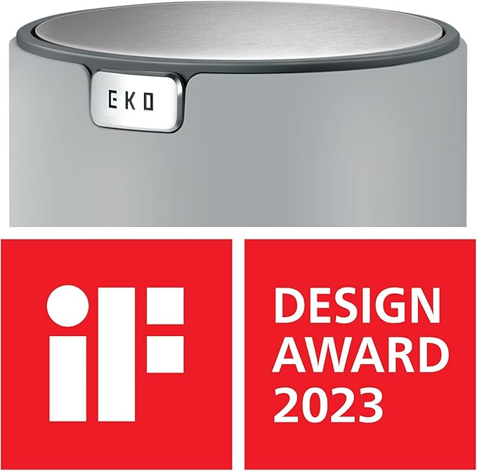 EKO Mini Desk Trash Can with Swing-Top Lid 0.4 Gallon Small Table Round Wastebasket for Office, Home, Car (Grey)