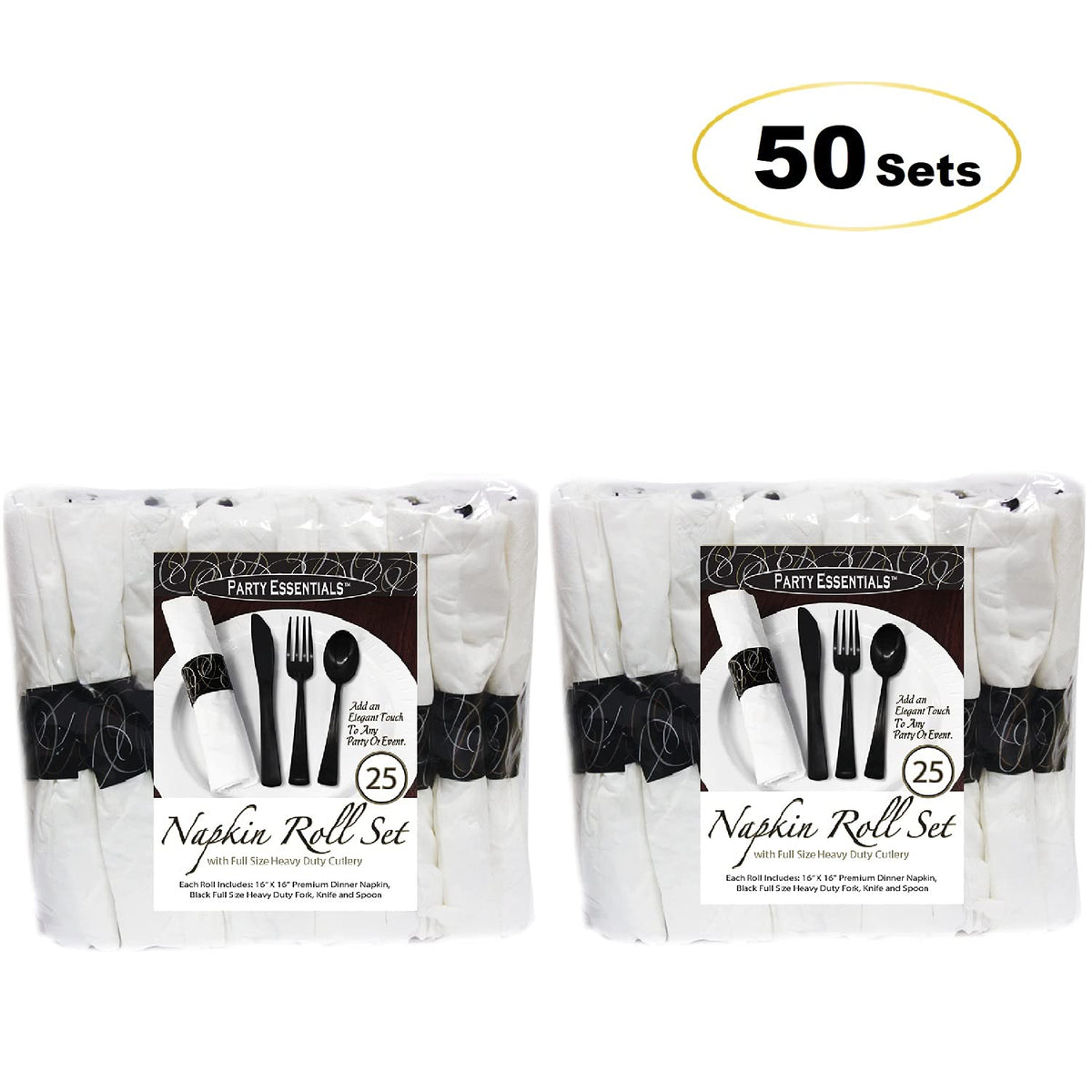 Party Essentials Party Supplies Wrapped Silverware Set Disposable, Pre Rolled Napkin and Cutlery, Spoons/Forks/Knives Black, 50 Units