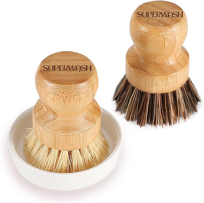 Bamboo Dish Brush with Ceramic Dish, Natural Bristle Palm Brush Pot Scrubber for Cast Iron Pans Vegetables and Kitchen Sink Cleaning - 2 Pack