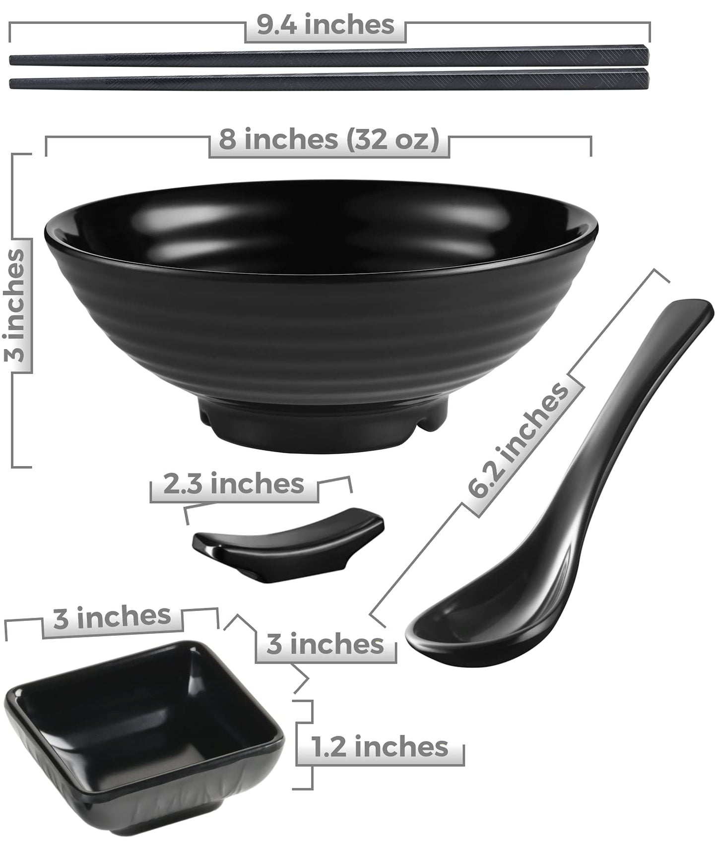 Practimondo 4 Noodle Bowls Set - large 32oz Ramen Bowl Set for authentic Asian Cuisine - with Dipping Bowls, Spoons, Chopsticks & Chopstick Stands. Enjoy Thai Miso Udon Wonton (4 Bowl Set, Black)