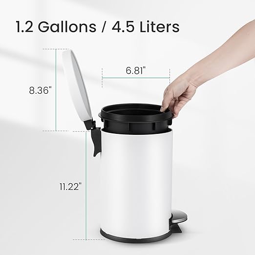 Cesun 1.2 Gallons Small Trash Can with Lid, White Bathroom Garbage Can with Foot Pedal, Mini Round Wastebasket for Bathroom, Bedroom, Office, 4.5 Liters / 1.2 Gallons, White