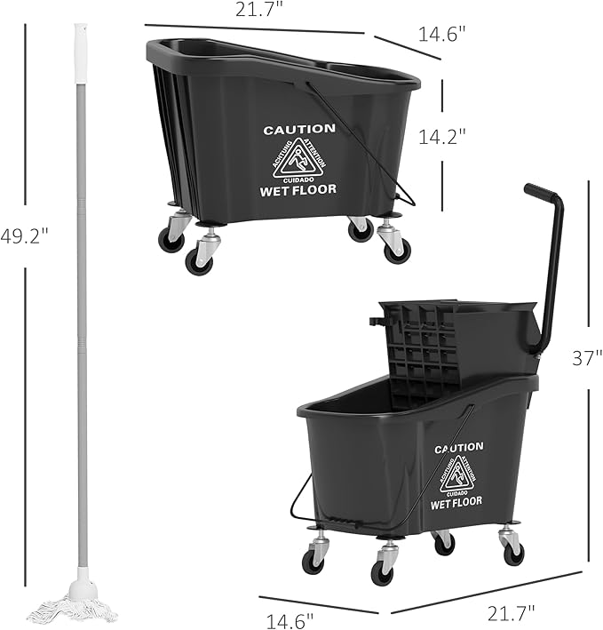 HOMCOM Mop Bucket with Wringer on Wheels for Floor Cleaning, 38 Quart Down Press Wringer with Handle and Mop, Black