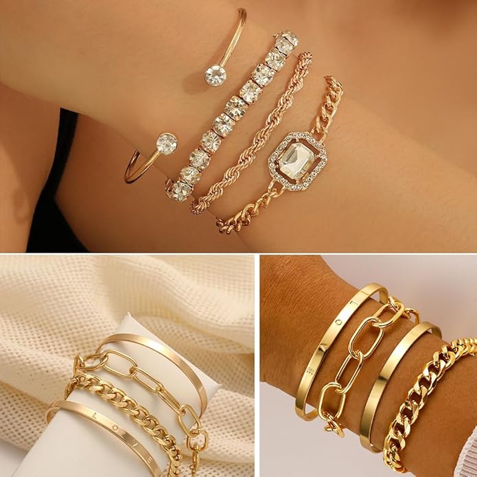 57pcs Gold Jewelry Set With 3 PCS Necklace, 12 PCS Bracelet,20pcs Hoop Stud Earrings,22pcs rings set For Women For Birthday Gifts