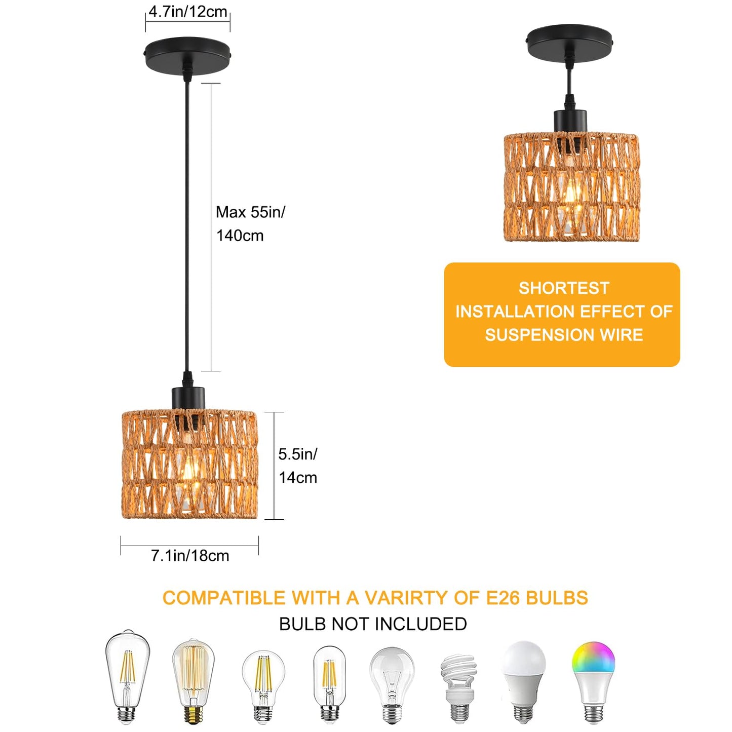 Woven Pendant Light Boho Chandelier, Rattan Pendant Lights Kitchen Island, Farmhouse Pendant Lighting with Hand Woven Wicker Shade, Boho Chandelier Light Fixtures Ceiling Hanging Light