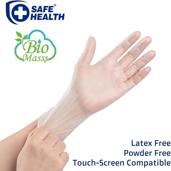 Safe Health Biomass Eco-Friendly Vinyl Disposable Gloves, USDA Certified Biobased Product, Latex Free, Powder Free, Clear, Box of 100, Medium, 3 mil
