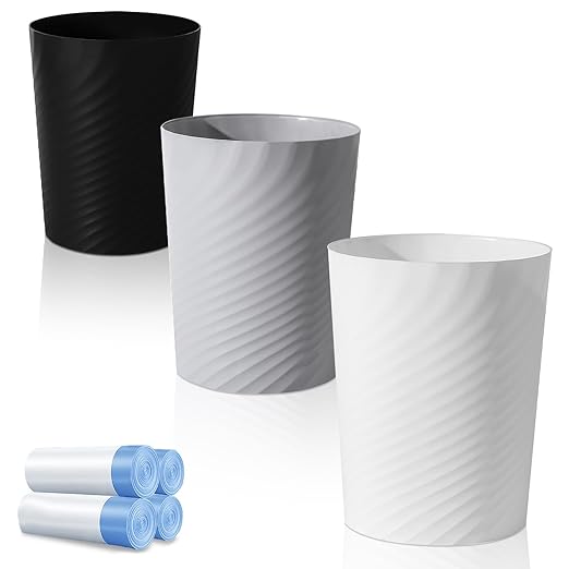 UUJOLY Bathroom Small Trash Can with Trash Bag Plastic Garbage Can Round Waste Basket for Bathrooms, Laundry Room, Kitchens, Offices, Kids Rooms, Dorms, 1.8 Gallons, 3 Pack (White Grey Black)