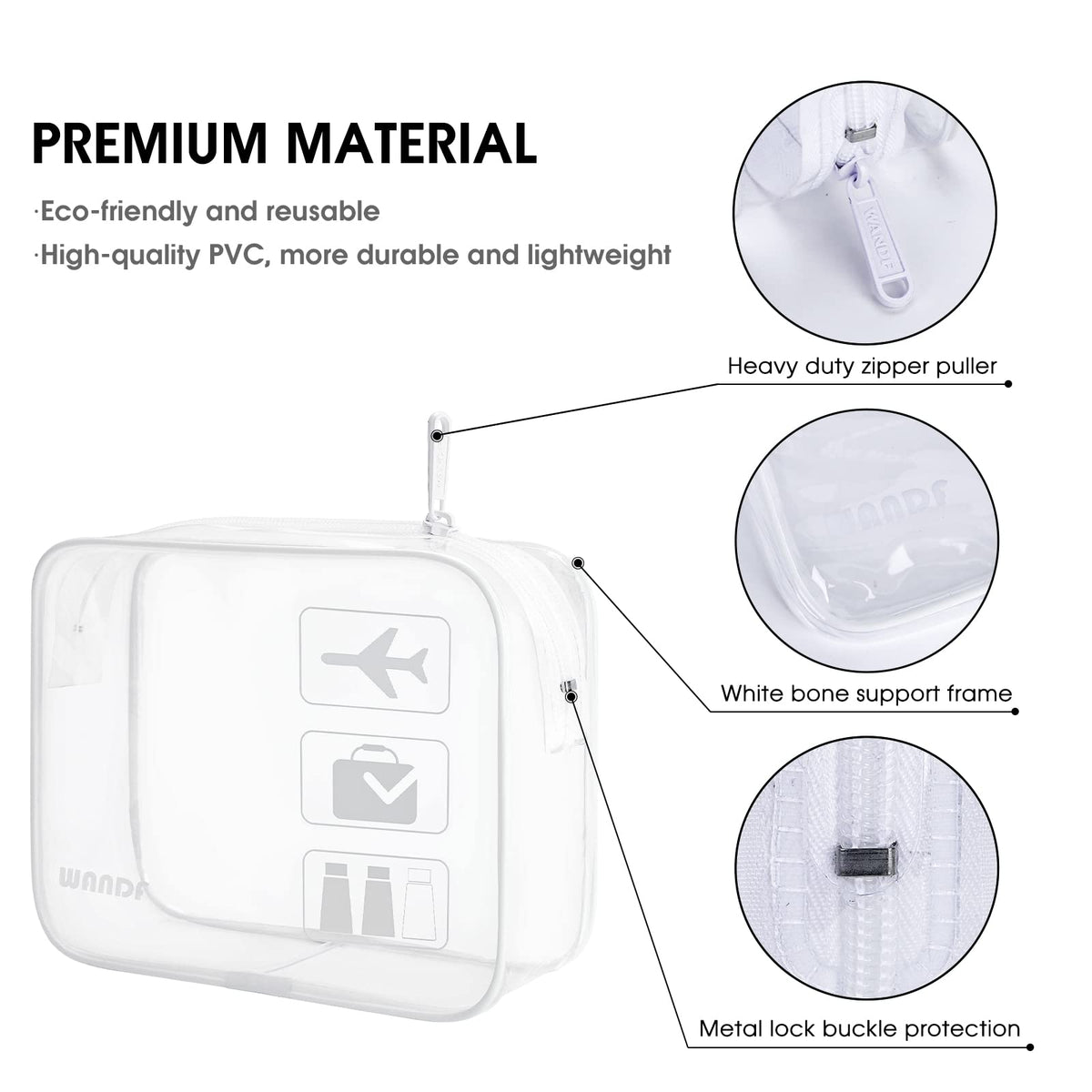 TSA Approved Clear Travel Toiletry Bag wih Zippers Carry-on Travel Accessories Quart Size Toiletries Cosmetic Pouch Makeup Bags for Men and Women (2pcs White)