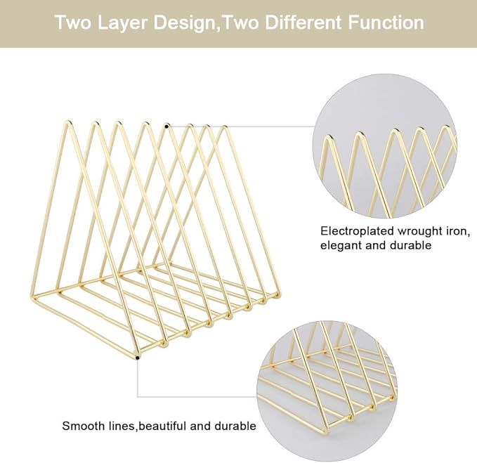 Urban Deco Triangle Desk Organizers Metal Wire Magazine Holder 7 Sections Decorative File Folder Organizer Vinyl Record Storage Office For Desk - Gold Magazine File Holder - Pack of 2