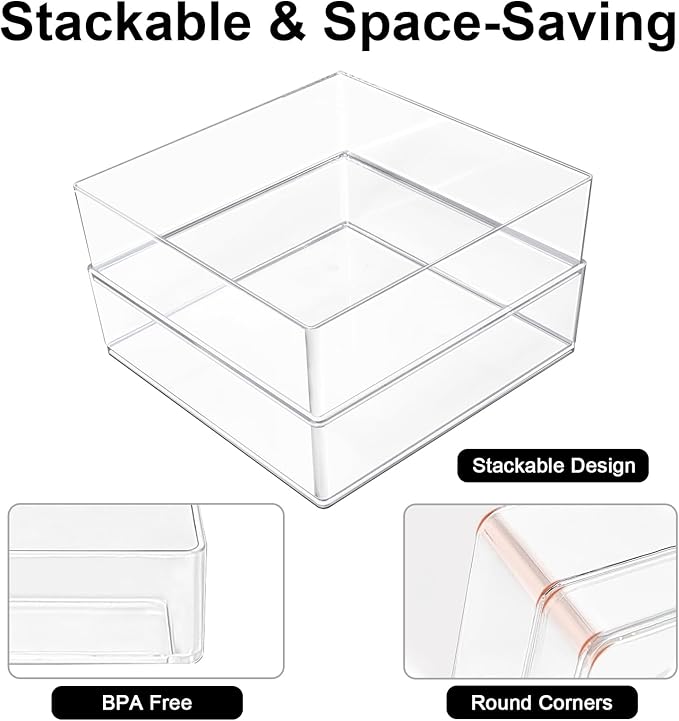 Stackable Acrylic Drawer Organizer Set, 18 PCS Multi-Size Storage Bins for Makeup, Office Desk, Bathroom, Vanity and Kitchen Utensils