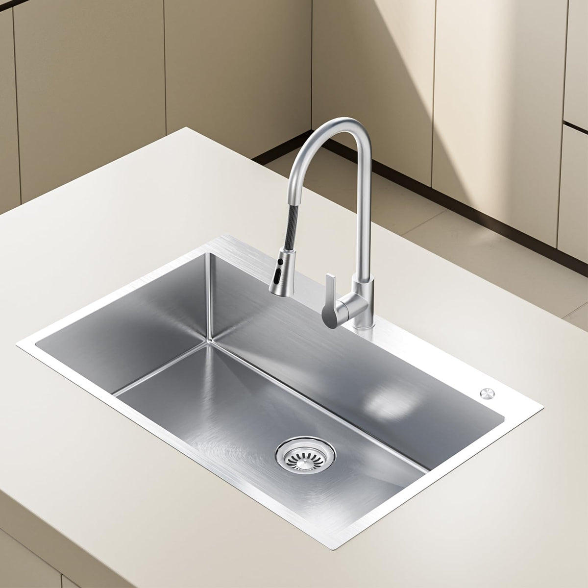 Frogink 33 inch Topmount Handmade 18 Gauge Single Bowl Stainless Steel Kitchen Sink with Accessories in 33"Lx22"Wx10"D