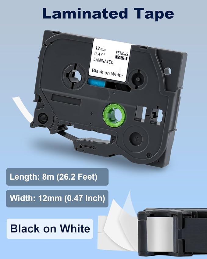 Label Maker Tape TZe-231 Replacement for Brother P Touch PT-D210 PT-D220 PT-H110 PT-D600 D400 by FETIONS, Compatible with TZe TZ 12mm X 8m Laminated Waterproof Label Tape, 2 Pack