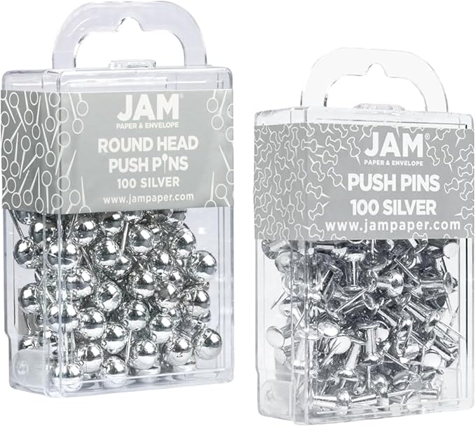 JAM PAPER Colorful Push Pins - Flat & Round Head Thumb Tack Combo Set - Silver Pushpins - 200/Pack