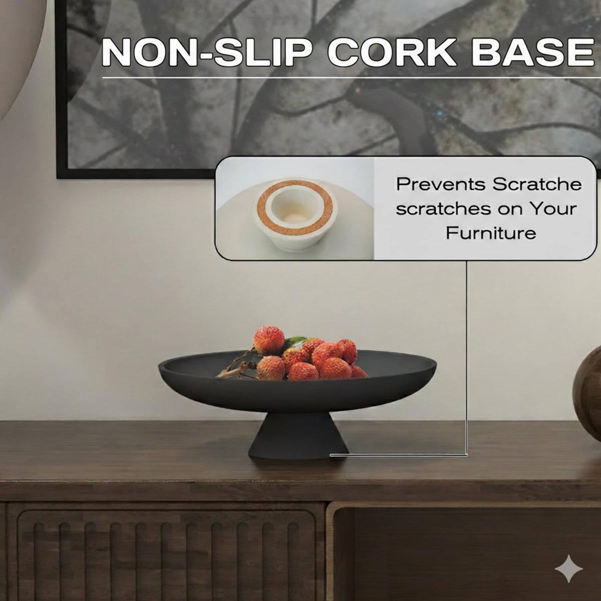 Wageso Modern Concrete Pedestal Fruit Bowl – Handmade 12" Centerpiece for Kitchen Counter, Coffee Table & Entryway – Non-Slip Cork Base, Heavy Duty Home Decor Tray for Keys, Storage – Black