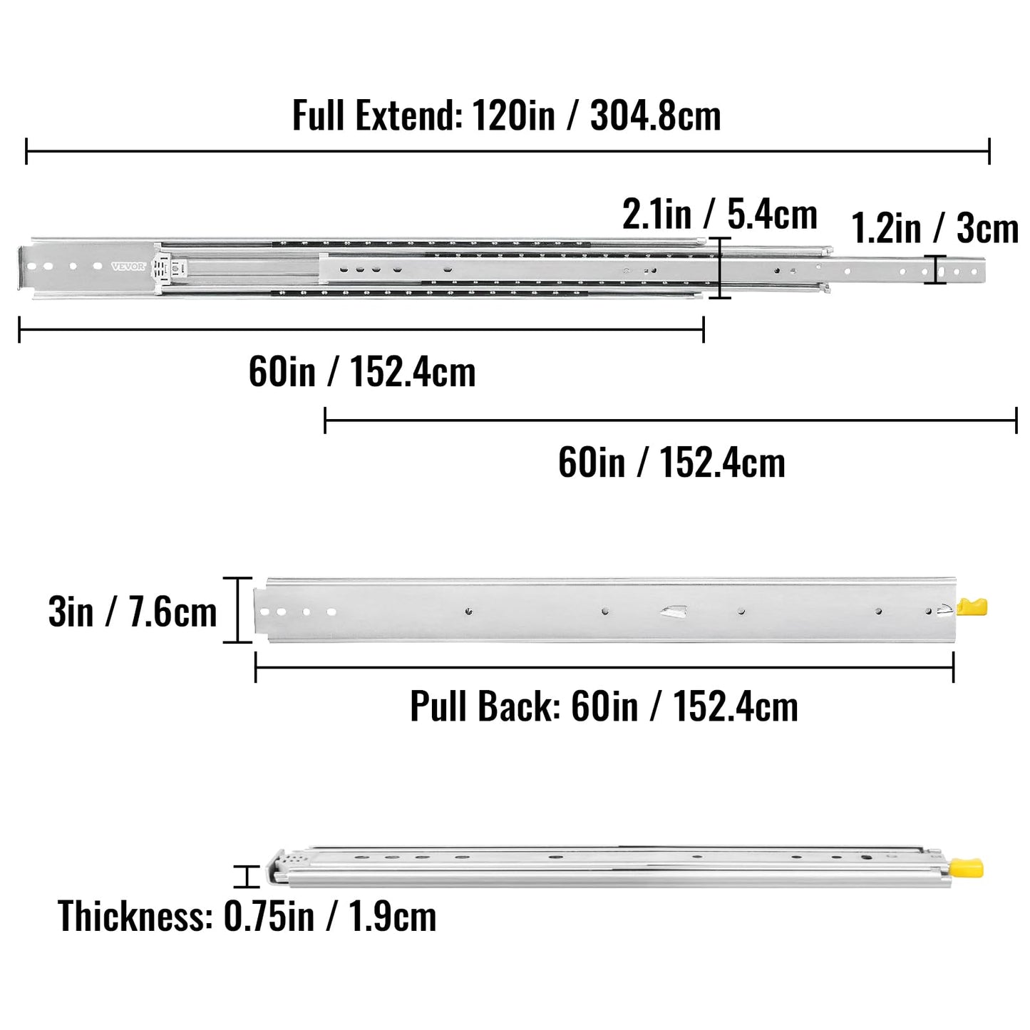 VEVOR Drawer Slides, 1 Pair 60inch Locking Drawer Slides, 500lbs Load Capacity (178 lbs When Fully Extended), Side Mount Ball Bearing Drawer Glides, Long Full Extension Drawer Slide
