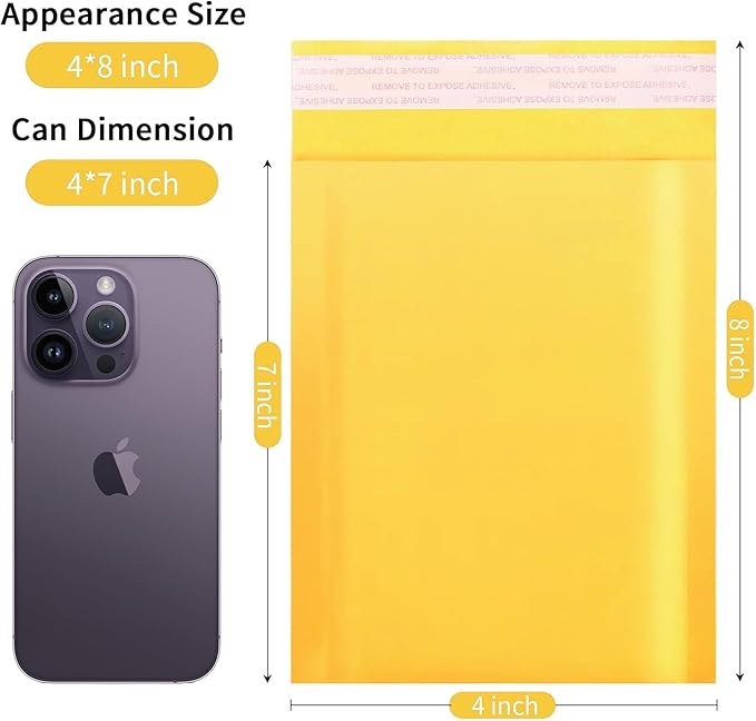 Kraft Bubble Mailers 4×8' Inch 100 Pack Yellow shipping envelopes Self-Seal Padded Mailing Envelopes for Jewelry Makeup Supplies and Small Business Packaging
