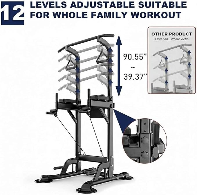 Freestanding Power Tower Dip Station, Adjustable Pull Up Bar for Home Gym with Backrest & Resistance Bands, 450 LBS Heavy Duty Multi-Function Calisthenics Workout Equipment for Adults & Teens