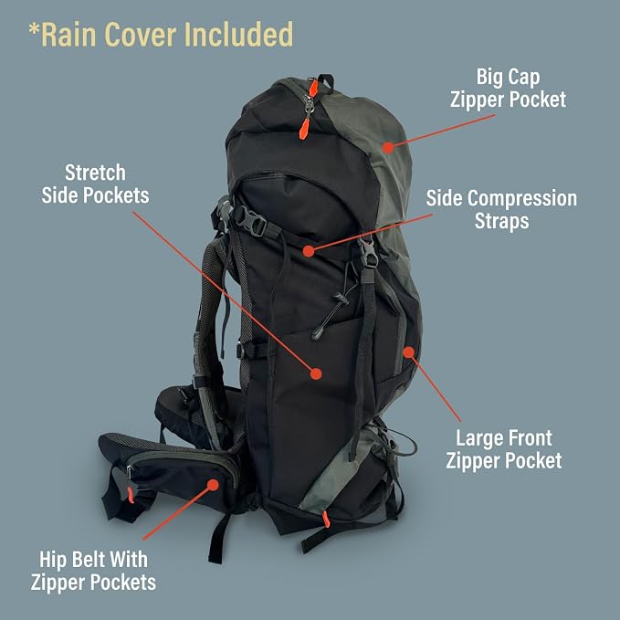 Bear Grylls 65L + 5L Hiking Hydration Backpack, Perfect For Backpacking, Large Pack With Separated Bottom Compartment, Camping, Mountain Biking, Skiing, Snowboarding, For Men and Women - Black