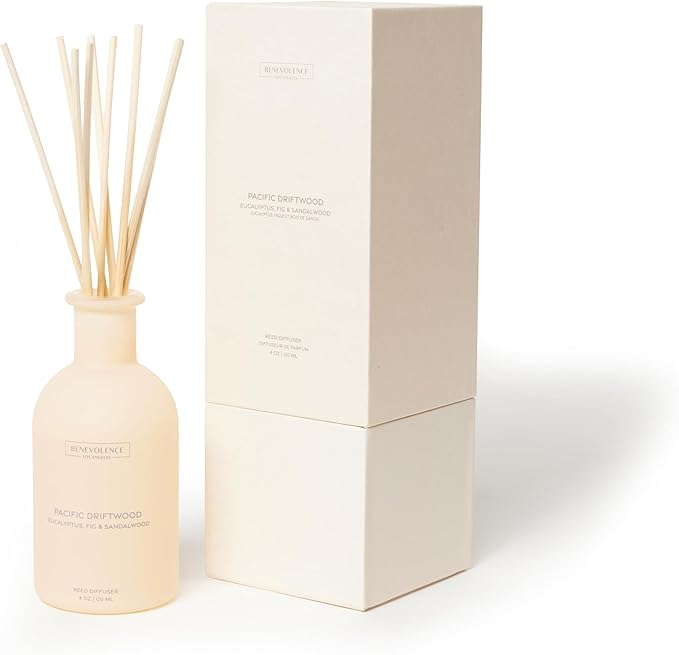 Benevolence LA Reed Diffuser for Home | Eucalyptus, Fig & Sandalwood | Elegant Home & Bathroom Decor | Fragrance Diffuser with Sticks for Bathroom - Malibu Sands Collection
