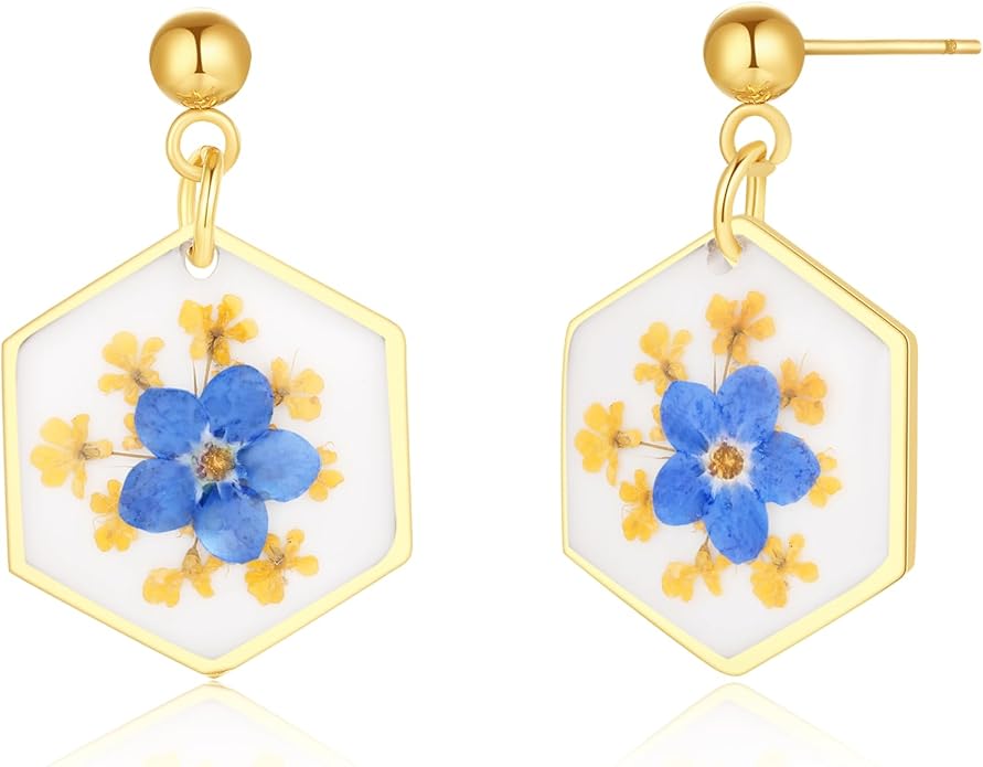 Forget-Me-Not and Queen Anne's Lace Pressed Wildflower Earrings | Pressed Flower Earrings | Handmade Drop and Dangle Earrings | Gift for Woman