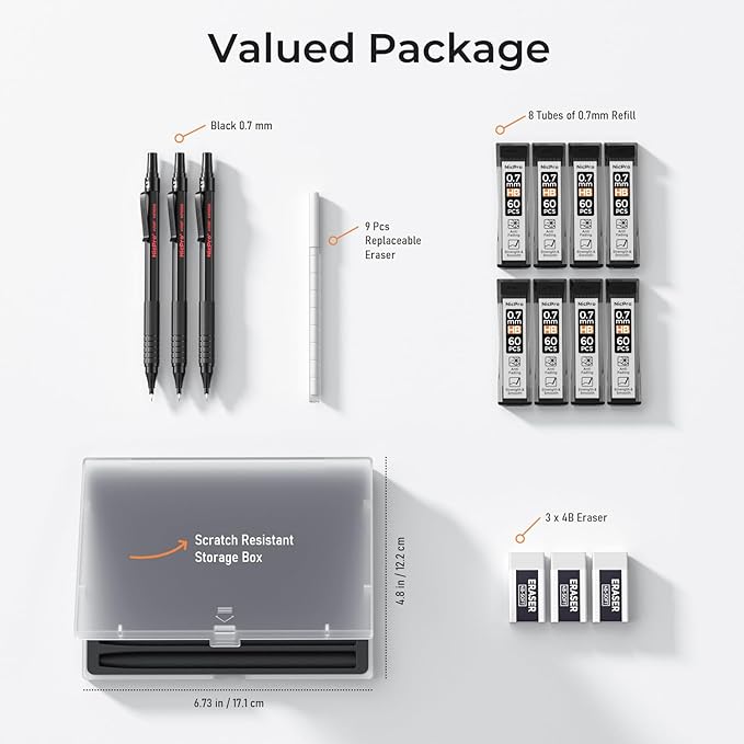 Nicpro 0.7 mm Mechanical Pencil Set with Case, 3 Metal Artist Pencil With 8 Tube HB Lead Refills, 3 Erasers, 9 Eraser Refills For Architect Art Writing Drafting Drawing, Engineering, Sketching, Black