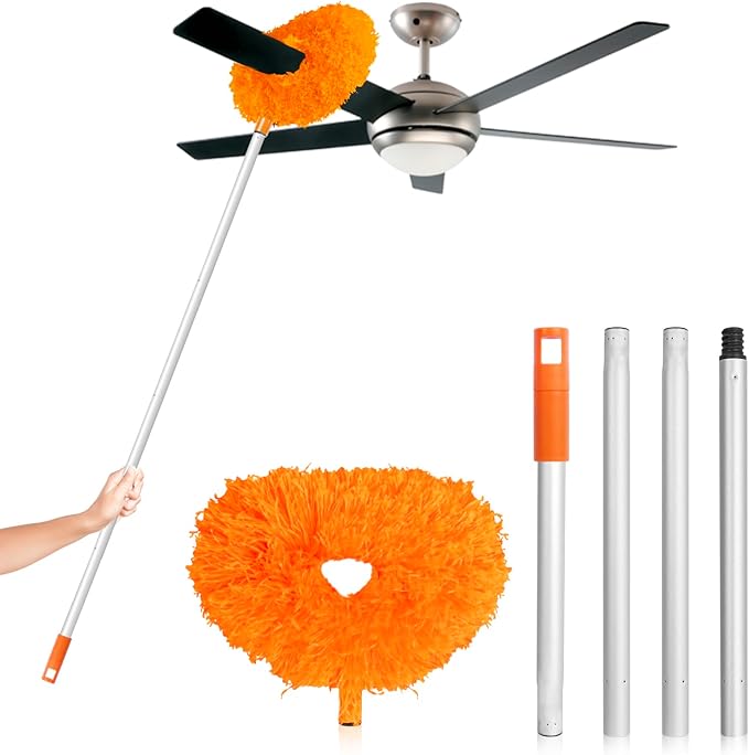 Ceiling Fan Cleaner Duster High Ceiling Extended Fan Blade Cleaner from 13 to 50 Inch Reusable Microfiber Ceiling Fan Duster with Extension Handle for Furniture Bookshelves Wall Door (Orange)