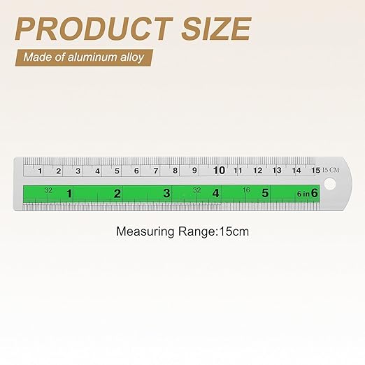HARFINGTON 6pcs Metal Straight Ruler 15cm Metric SAE Aluminum Alloy Measuring Rulers Scale Tool with Hole for Measure Study Reading Classroom Office, Green