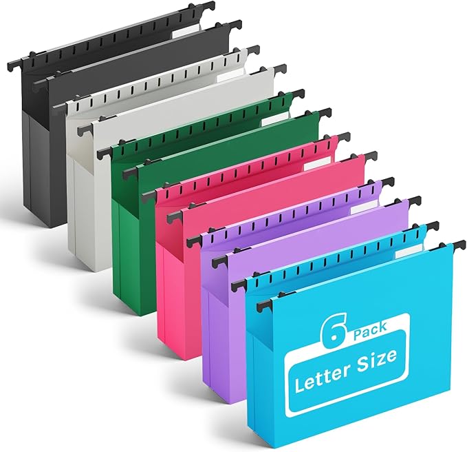 Ansook Extra Capacity Plastic Hanging File Folders Letter Size, 2" Expanding Accordian Pocket with Black Insert Gasket, Heavy Duty for Filing Cabinet, Colored File Hang Folders Organizer, 6 Pack