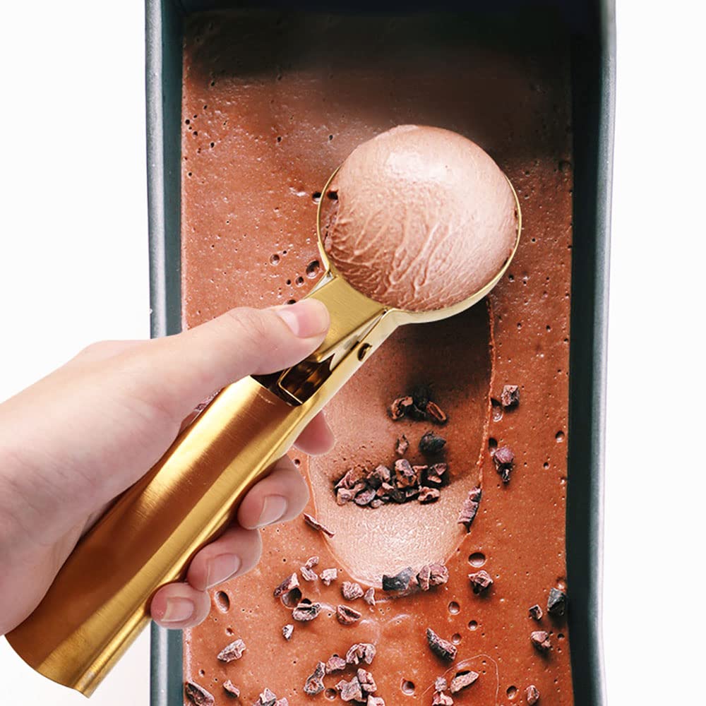 Ice Cream Scooper Stainless Steel, Cookie Scoopwith Trigger Heavy Duty Metal Icecream Scoop,Cookie Scoop Large Size Perfect For Frozen Yogurt, Gelatos, Sundaes (C-Gold 2Pack)