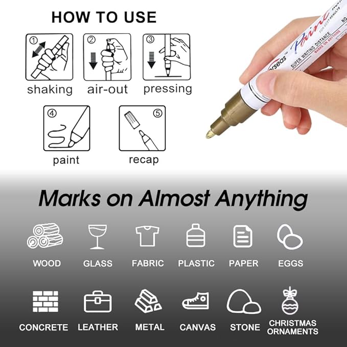 Overseas Permanent Paint Pens Gold Markers - 2 Pack Metallic Oil Based Paint Markers, Medium Tip, Quick Drying and Waterproof Marker Pen for Metal, Rock Painting, Wood, Plastic, Canvas, Mugs