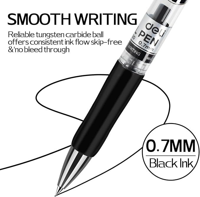 deli Gel Pens, 50 Pcs Retractable Pens Black Ink, 20 Pens with 30 Refills，Medium Point Pen Bulk 0.7mm, Smooth Writing, Fast Dry, No Bleed for Journaling Note Taking, Home School Office Supplies