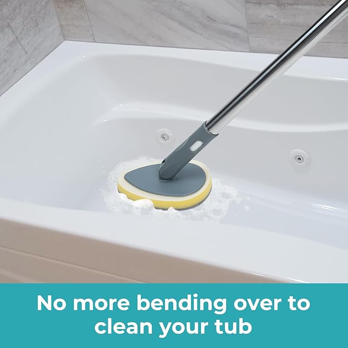 TreeLen Long Handle Shower Bathtub Tub Scrubber with 180° Head & 5 Replaceable Heads -49" Bathroom Cleaning Brush for Bathtub, Tiles, Glass (Non-Scratch Scouring Pads Included)