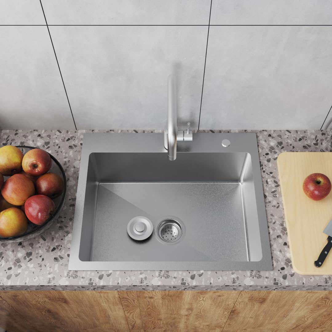 Bathenum 22" x 18" Drop in Kitchen Sink 304 Stainless Steel Single Bowl Topmount Kitchen Sink with Drain Kit and Bottom Grid, Brushed