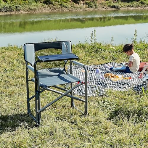 PORTAL Tablet Table Camping Directors Chair, Foldable Camp Chair with 2-Way Rotatable Side Table, Outdoor Folding Chairs for Adults, Heavy Duty Supports 300LBS for Lawn Patio Beach, Grey