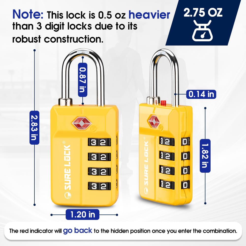 TSA Approved Travel Luggage Locks, Open Alert Combination Lock for School Office & Gym Locker ,Toolbox, Pelican Case,Easy Read Dials- 1, 2 & 4 Pack (1, Yellow 2 Pack)