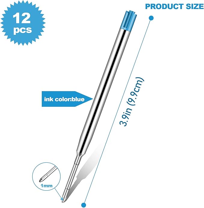 12 Pieces Pen Refills Blue Ink 1.0mm Medium Point Metal Ballpoint Refill Smooth Writing Pen Refills Replacement Refills for Retractable Ballpoint Pen School Office Supplies (Blue)