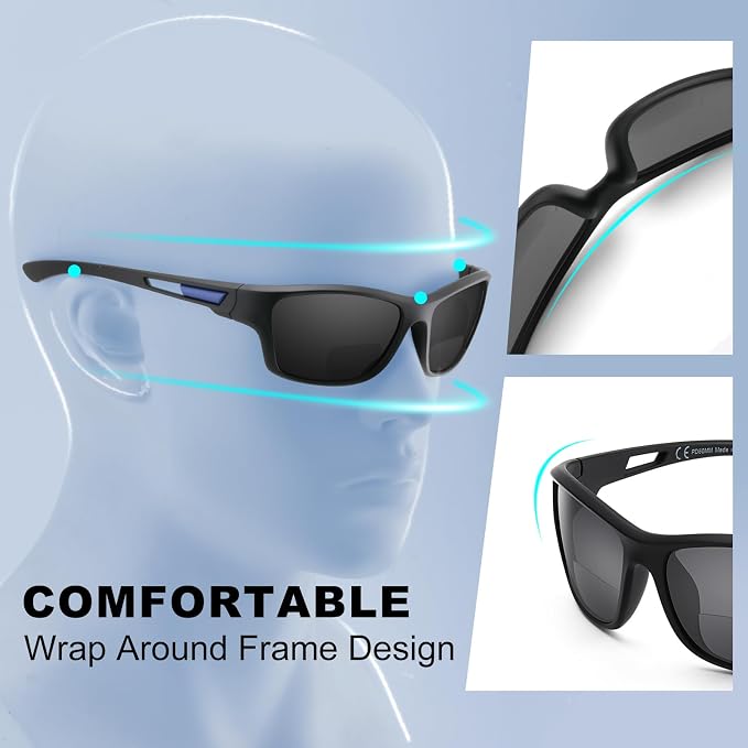 Missfive Premium Bifocal Reading Sunglasses Men Lightweight Wrap Around Design Sun Readers, UV Protection, Sports/Outdoor/Driving,2.0x
