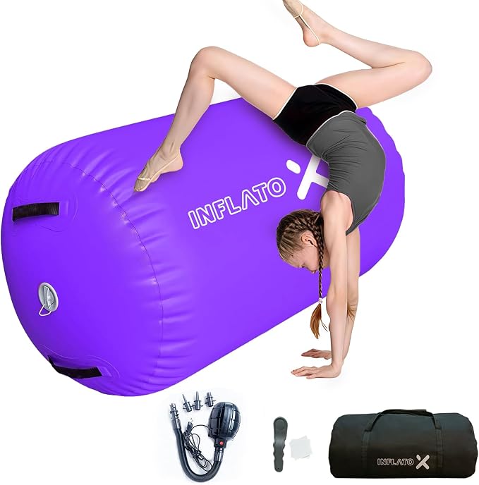 Inflatable Gymnastics Air Barrel Roller & Tumbling Mat with Pump - Air Spot Portable Training Equipment for Yoga, Backhandspring, Cheerleading Home, Gym Use