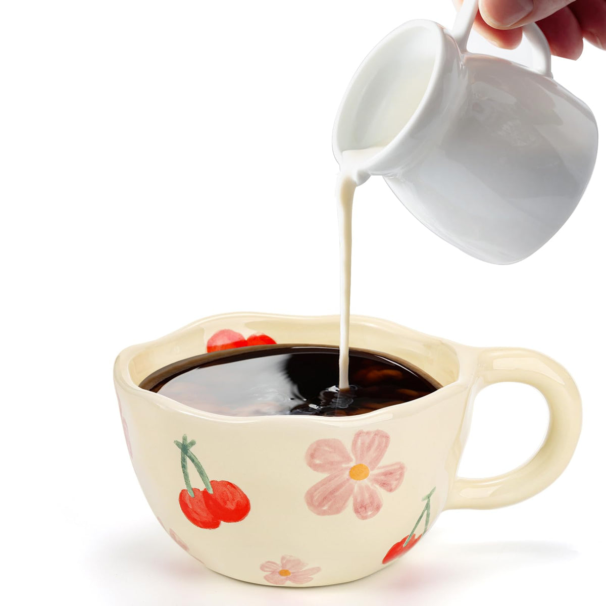 Yopay 2 Pack Ceramic Coffee Mug with Spoon, 8oz Handmade Hot Chocolate Mugs, Cute Cup for Girl Microwave Safe, Aesthetic Tea Milk Cup with Handle for Latte, Cocoa, Gift, Mom(Cherry flower)