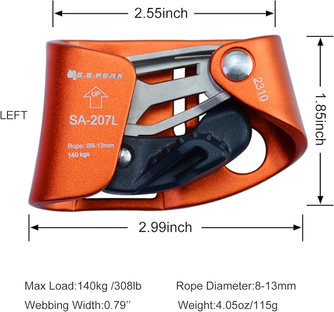 Foot Ascender Upgraded Foot Riser 140kgs Strong Rappelling Gear Equipment for Rock Climbing Tree Arborist, Climbing Rescue Caving, Mountaineering, 8~13MM Rope, Right/Left Foot, 4kN