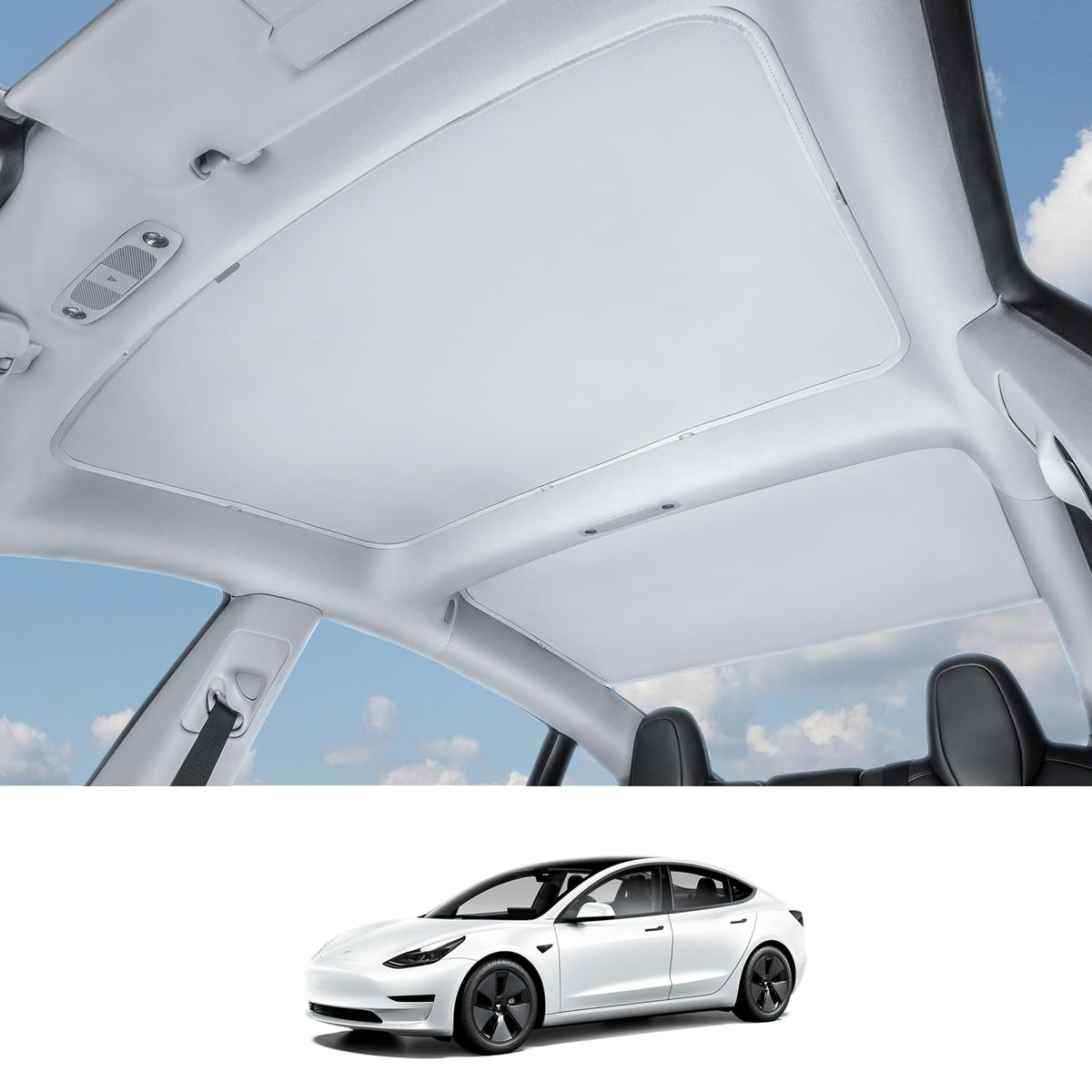 HALOBLK Non-Sag Glass Roof Sunshade with Storage Bag Designed for Model 3, Foldable Sunroof Shade with Heat Insulation Cover for 2021-2023 Model 3 (Gray)