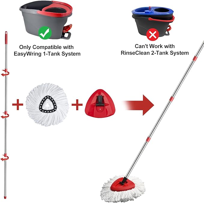 Spin Mop Head Replacement, Base, Mop Handle Compatible for O-Cedar EasyWring - Include 2 Microfiber Refills, 4-Section 30-59in Handle, 1 Cover and 1 Scrubber (1-Tank System)