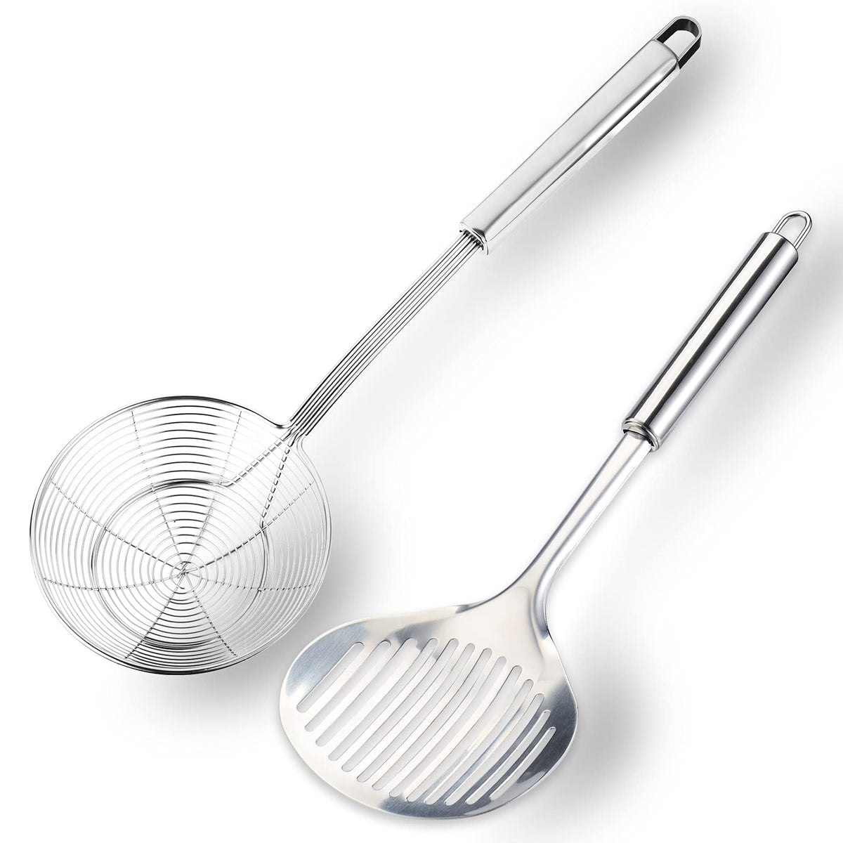 Multi Kitchen Utensil Stainless Steel Cooking Skimmer Slotted Fish Turner Spatula Spoon Colander Drain Water Filter Spoon Ladle Spider Strainer Skimmer Ladle for Cooking &Frying (2pcs)