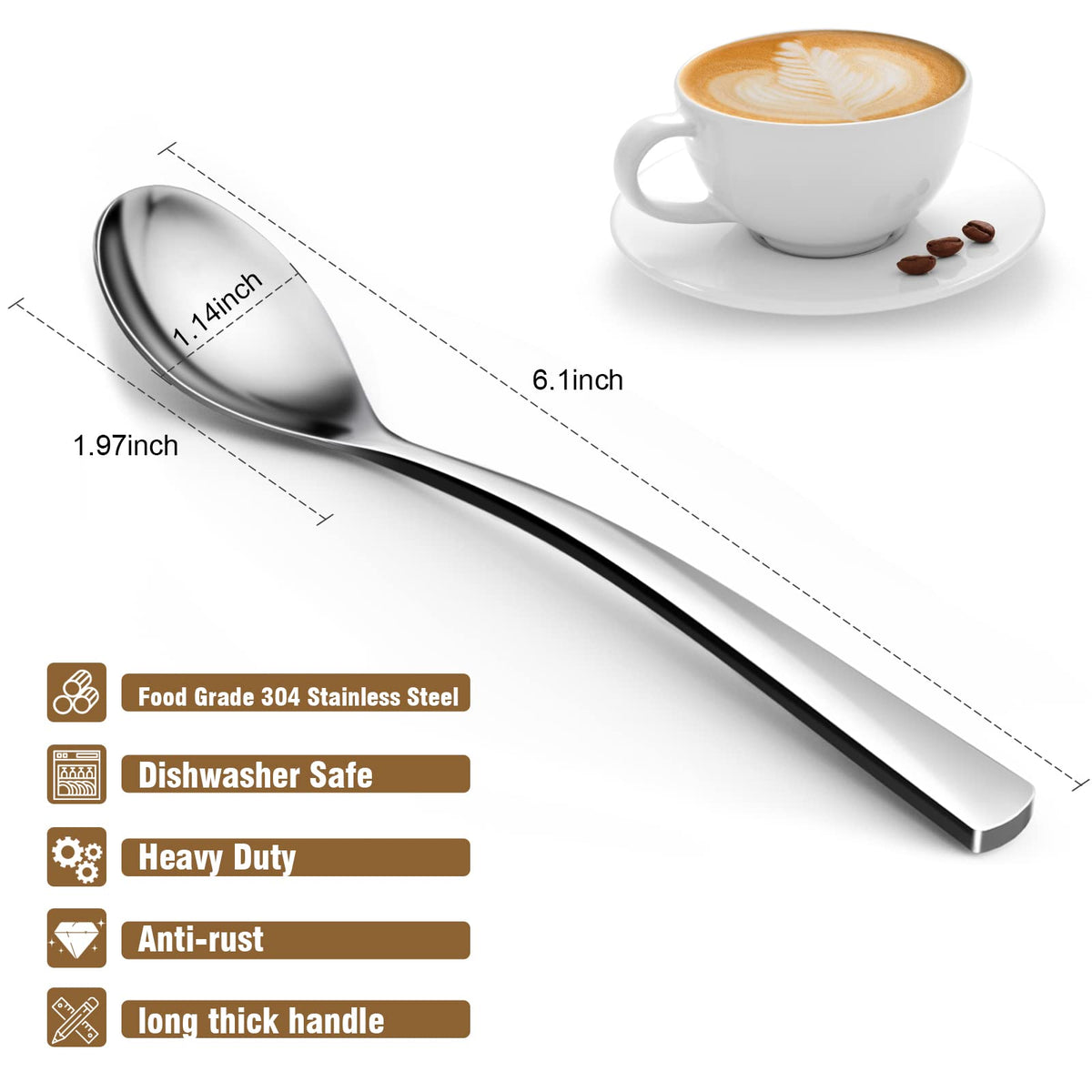 GLAMFIELDS 8-Piece Teaspoons, 6.15" Long Handle Demitasse Espresso Spoons Set, Stainless Steel Small Serving Spoons for Dessert
