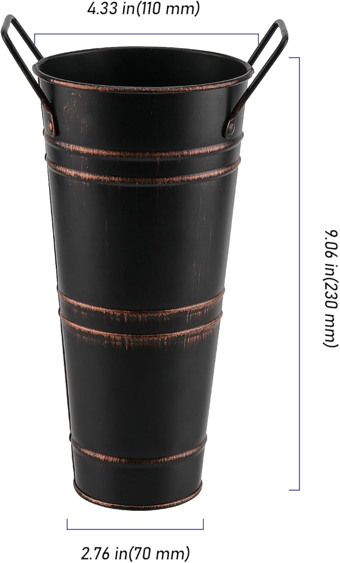 8 Pack 9 Inch Tall Galvanized Flower Bucket, Black Farmhouse French Flower Bucket with Handle, Small Rustic Buckets Vintage Metal Vases for Flower, Centerpieces, Floral Wedding Arrangements