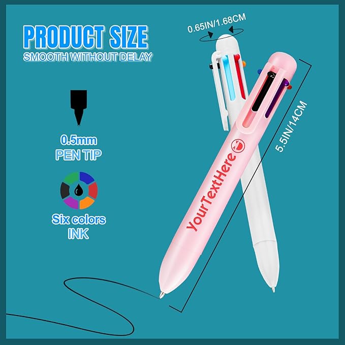 Custom 6-In-1 Multicolor Ballpoint Pen 0.5mm Tip Personalized Pens with Text Logo Name Printed Customized Pens Gift for Businesses School Office Employee Exhibition, 14PCS