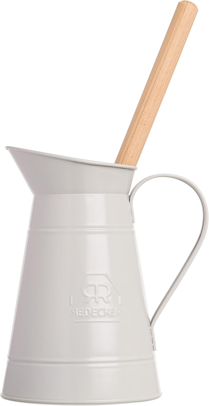 Redecker White Coated Metal Toilet Brush Set with High Grade Nylon Toilet Brush with Oiled Beechwood Handle, Replaceable Head, Vintage Design with Handle and Spout, Made in Germany