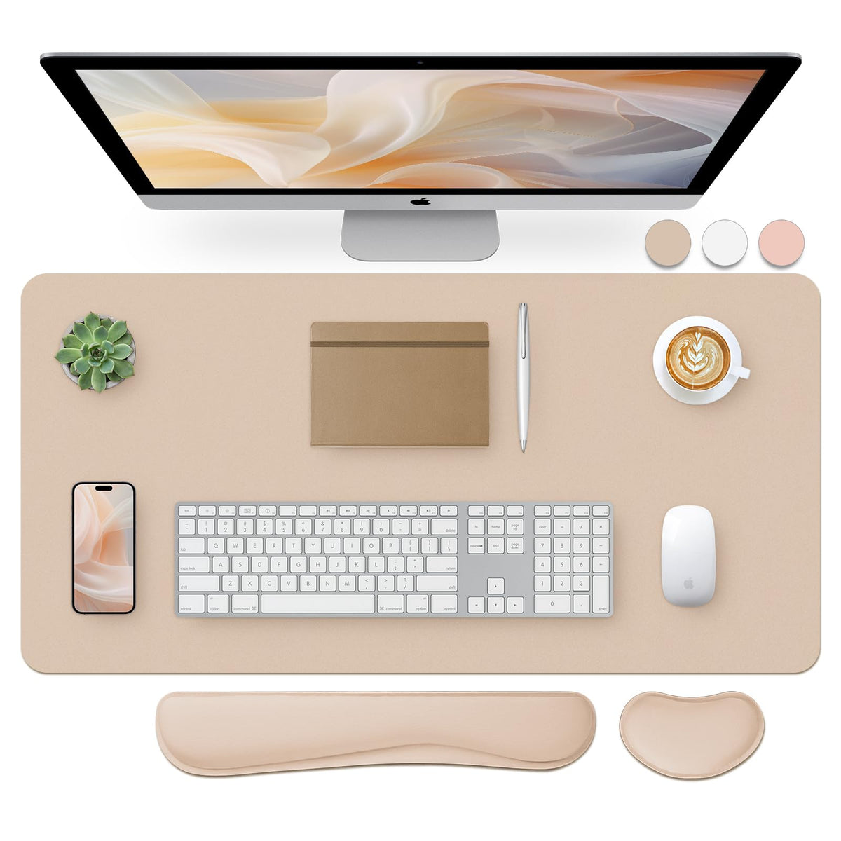 Bloss Leather Desk Pad and Keyboard Wrist Rest, Large Mouse Pad + Keyboard Pad+Mouse Wrist Support, Non-Slip Desk Mat Protector for Office, Home(31.5×15.7 Inches,Beige)