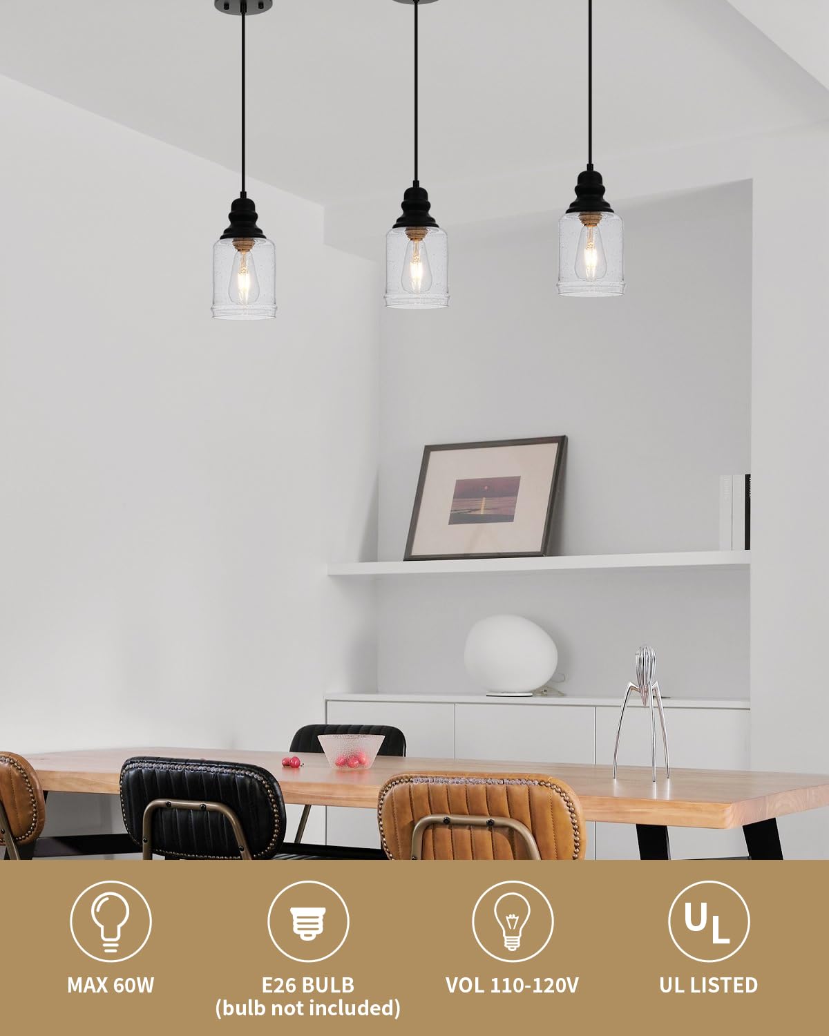 WILON Modern Glass Pendant Lights for Kitchen Island, 6.29" Mini Pandent Light Fixture with Seeded Glass Shade Black Farmhouse Pendant Lights E26 Base Hanging Kitchen Lights for Sink Dinging Room