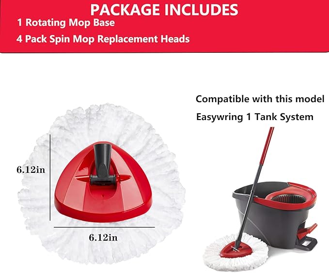 Mop Replacement Head - 4 Pack EasyWring Mop Refills Compatible with Triangle Spin Mop - Microfiber Mop Easy Cleaning Floor Head Mop for Floor Cleaning Includes 1 Rotating Mop Base