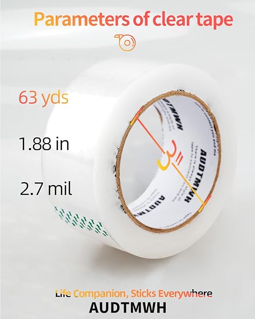 Clear Packing Tape, Heavy Duty Packaging Tape Designed for Moving, Packing, Shipping and Mailing, 1.88" x 63 yds, 6 Rolls